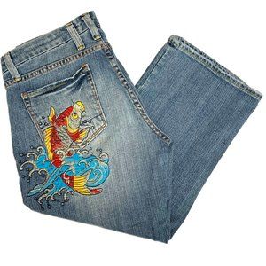 Vintage Vertigo Paris Cropped Capri Denim Jeans Embroidered Koi Fish Size 11/12